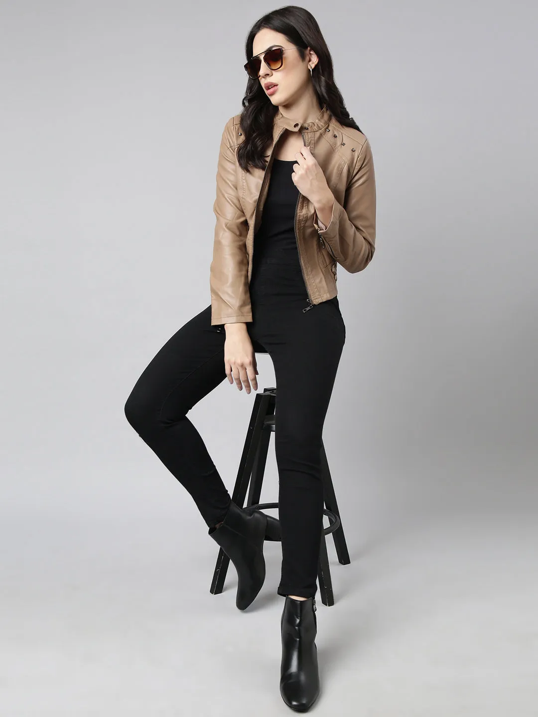 Women Solid Brown Biker Jacket