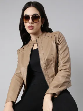 Women Solid Brown Biker Jacket