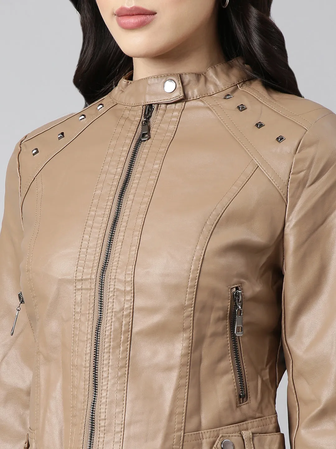 Women Solid Brown Biker Jacket