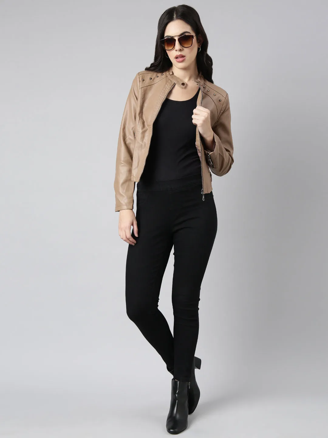 Women Solid Brown Biker Jacket