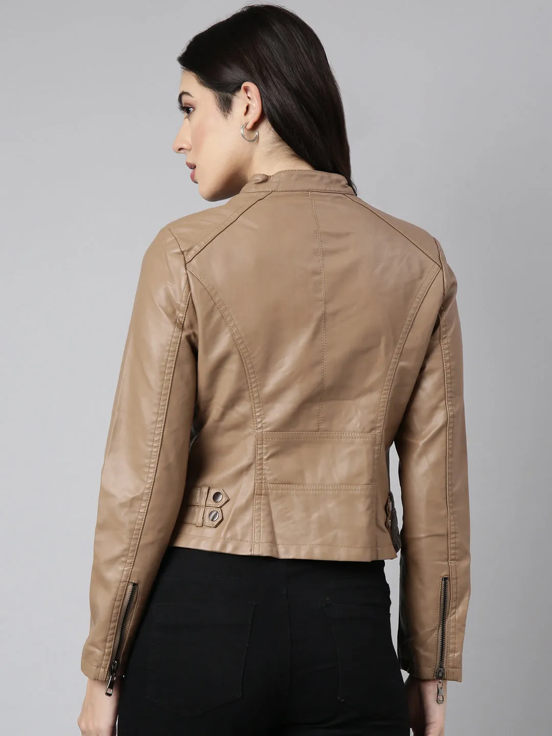 Women Solid Brown Biker Jacket