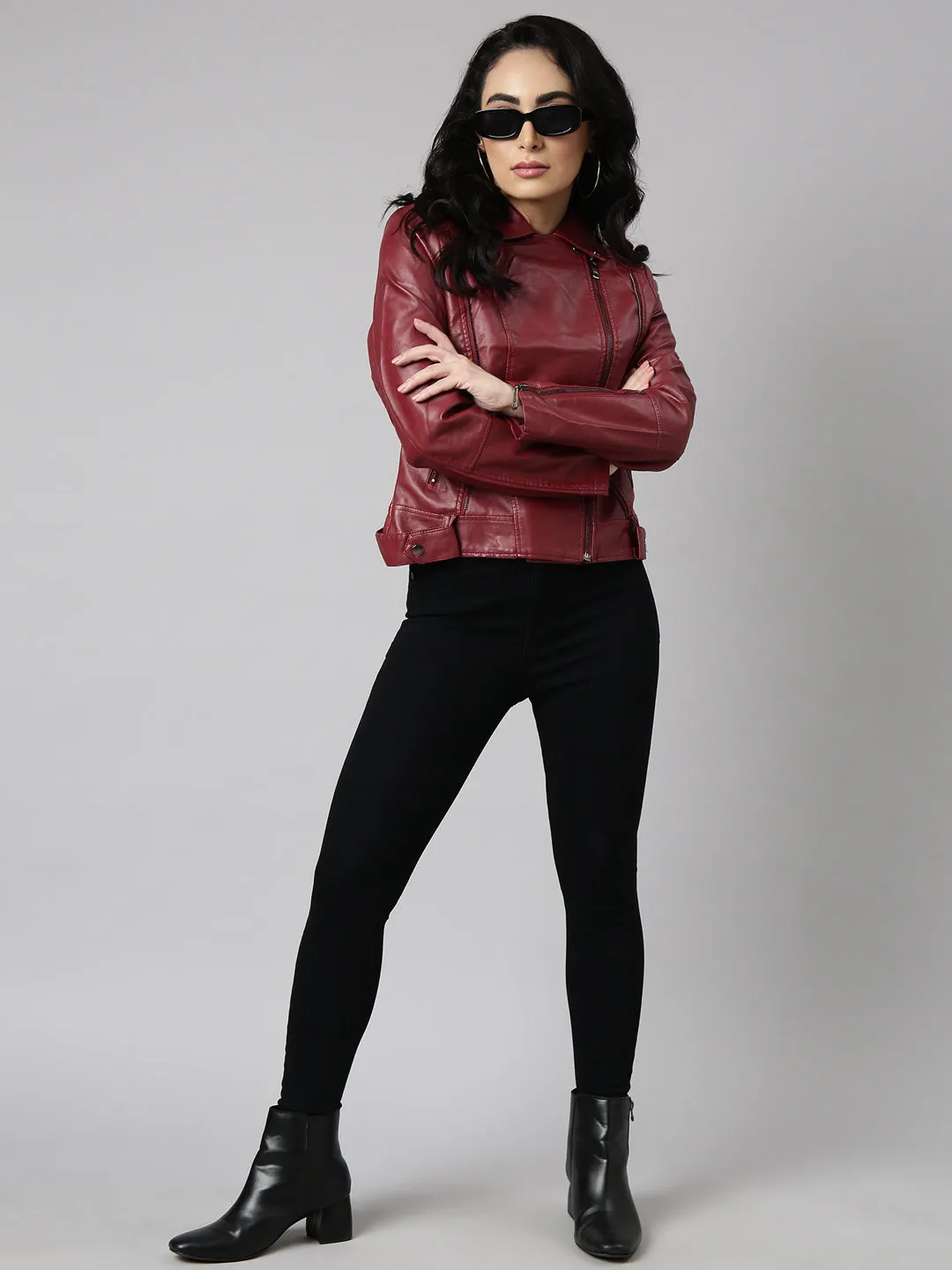 Women Solid Maroon Biker Jacket