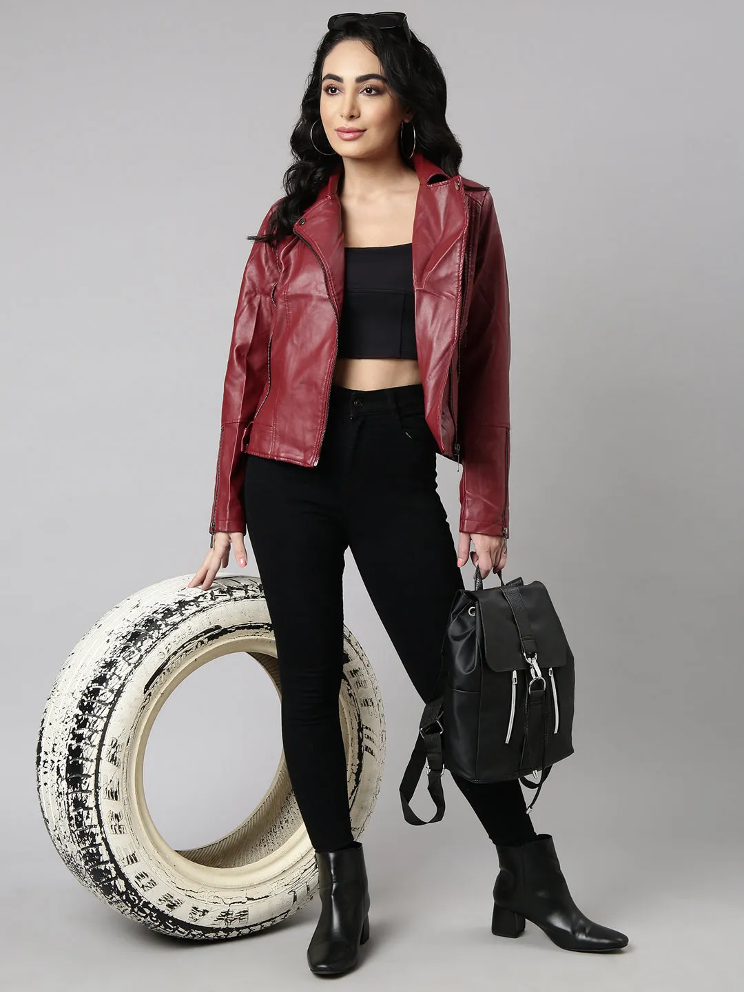 Women Solid Maroon Biker Jacket