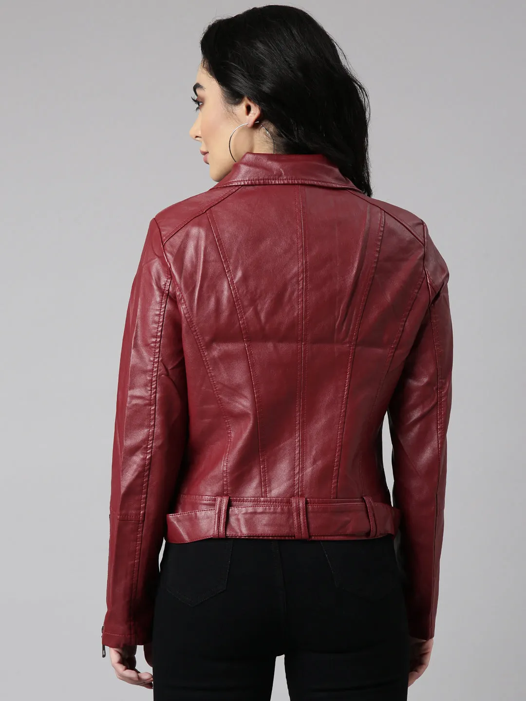 Women Solid Maroon Biker Jacket