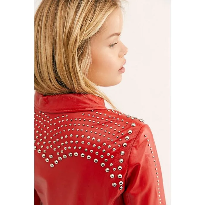 Women’s Red Leather Biker Punk Jacket