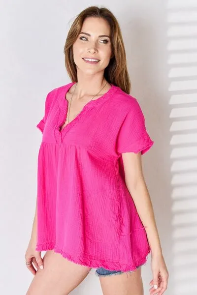 Zenana Full Size Raw Hem Short Sleeve Top