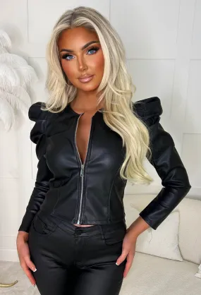 Zip Tight Black Faux Leather Puff Sleeve Collarless Zip Jacket